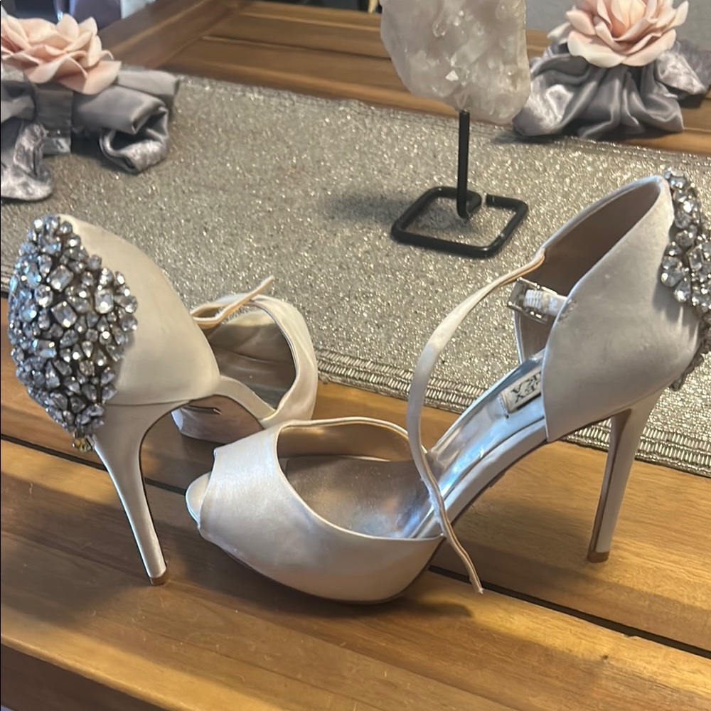 Badgley Mischka Elegant Satin Peep-Toe Heels with Crystal Embellishments